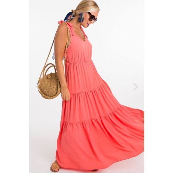 Everly Tiered Tie Strap Dress Coral Size Small - Picture 6 of 13